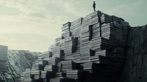 Success Peak: Lone Figure on Block Tower