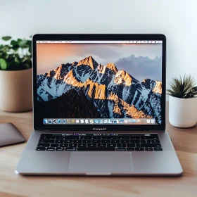 Laptop on Desk with Scenic Mountain Display