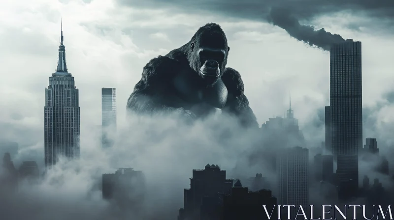 AI ART Giant Gorilla Overlooking Foggy City