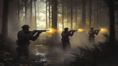 Soldiers Firing Rifles in Misty Forest