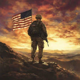 Patriotic Sunset with Soldier and Flag