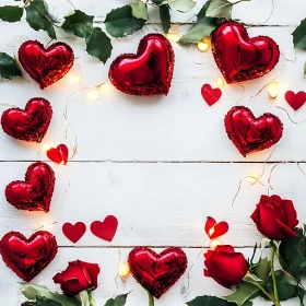 Red Hearts and Roses on White Wood