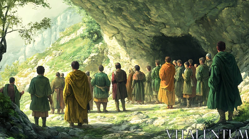 Group in Robes at Cave Mouth AI Image