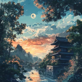 Peaceful River Scenery with Temple