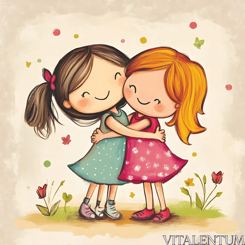 Cartoon Girls Hugging Illustration AI Image