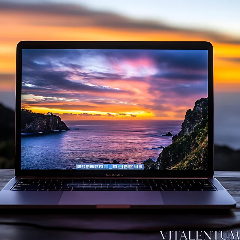 Laptop Showcasing Serene Sunset Over Ocean AI Image