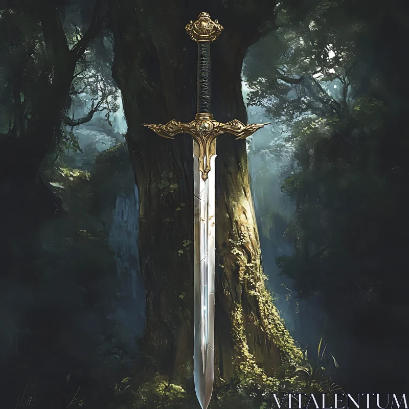 Golden Hilt Sword in the Woods AI Image