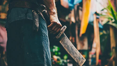 Warrior Holding Sword in Shadowy Setting