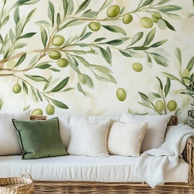 Living Room Decor with Olive Branches Mural