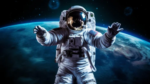 Astronaut with Arms Raised in Front of Earth - Celestialpunk Portrait