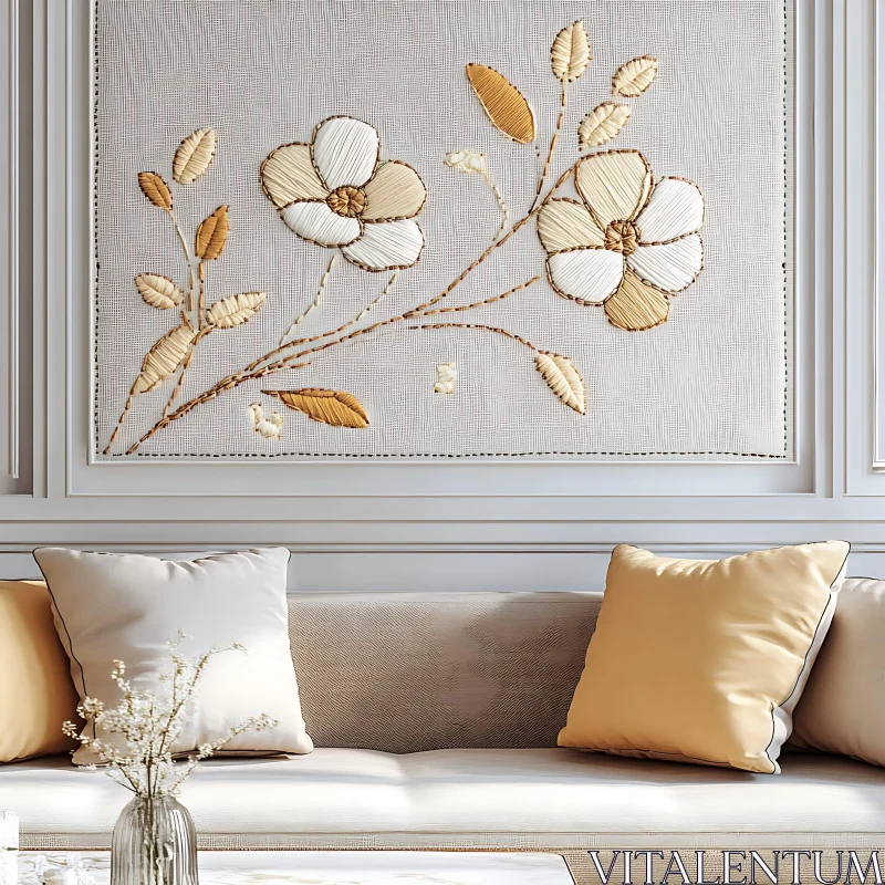 Floral Embroidery Decor in Modern Living Room AI Image