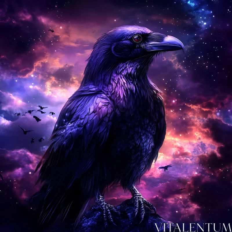 Celestial Raven Perched at Night AI Image