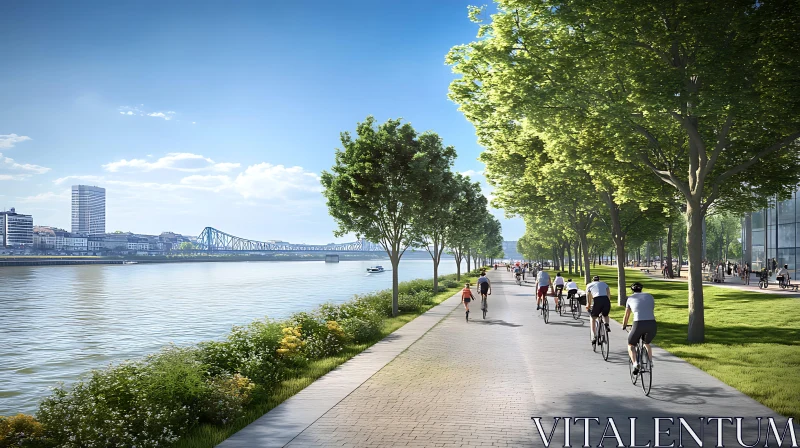 Riverside Cycling Path with Lush Greenery and Skyline AI Image