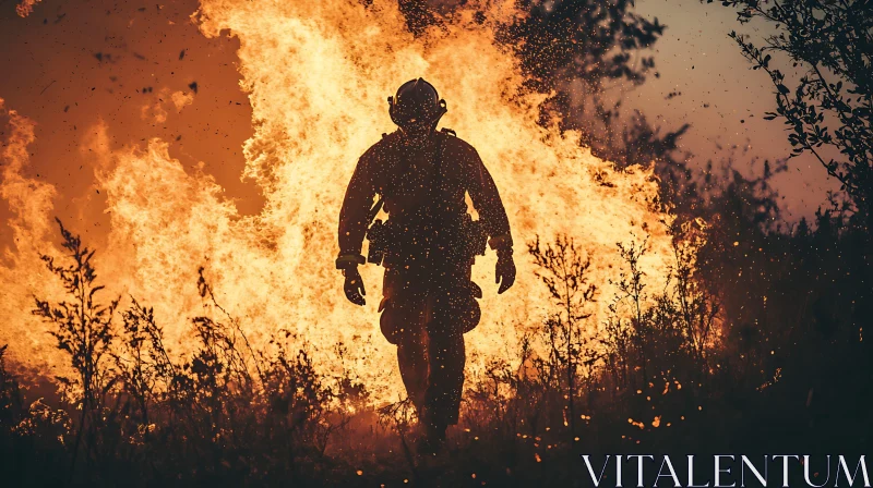 Firefighter in Silhouette Amidst Wildfire AI Image