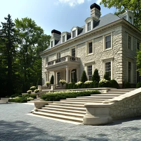 Elegant Stone Mansion with Grand Staircase and Lush Surroundings