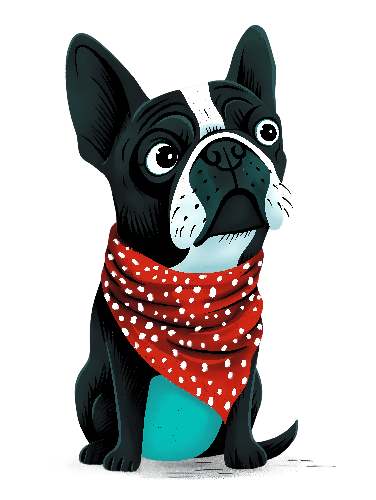 Cartoon French Bulldog with Red Bandana - Curious Expression