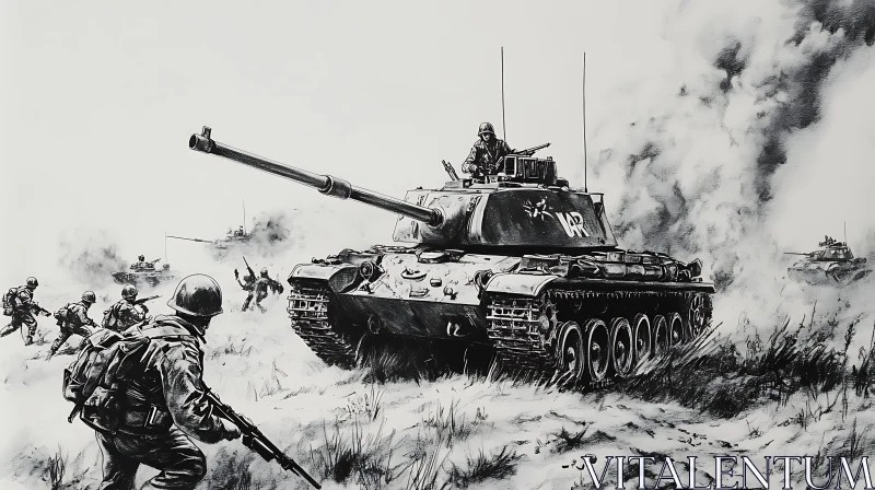 Monochrome War Scene with Tank and Soldiers AI Image