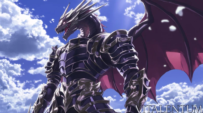 Dragon in Armor Against Cloudy Sky AI Image