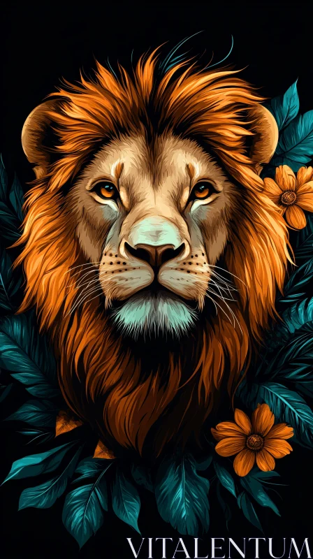 Illustrated Lion with Lush Foliage AI Image