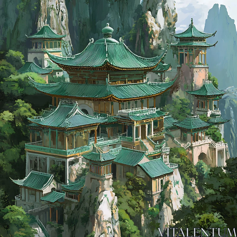 Green Roofed Temple in the Mountains AI Image