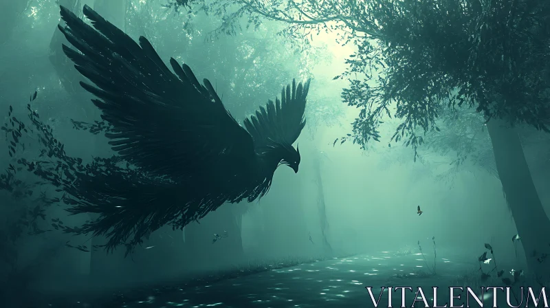 Ethereal Bird Flight in Misty Woods AI Image