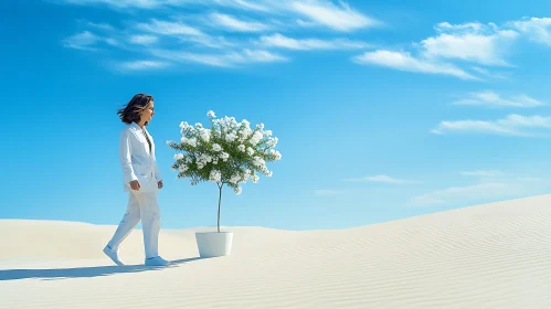 Woman in White Suit in Desert