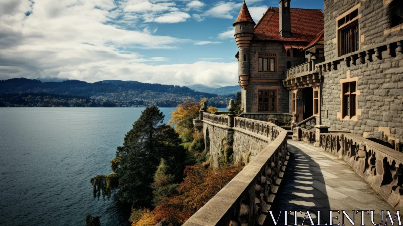 Luxurious Castle Overlooking Lake Near Mountain in Art Nouveau Style AI Image