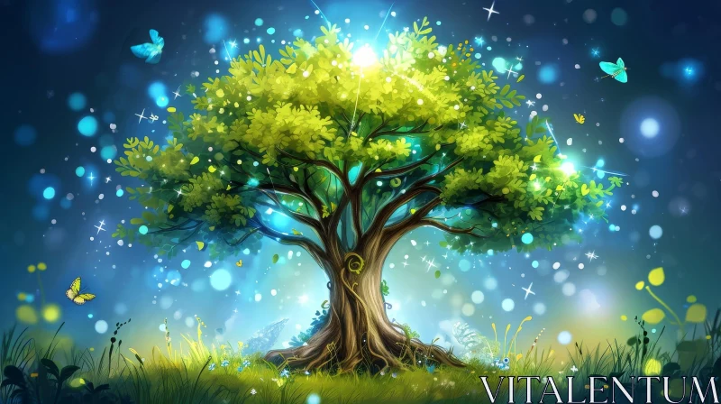 Majestic Tree of Life Digital Painting in a Field of Grass AI Image