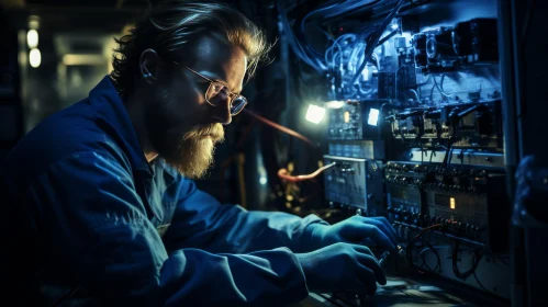 Meticulous Worker Engaging with Electrical Elements at Night | Hyper-Detailed Portrait