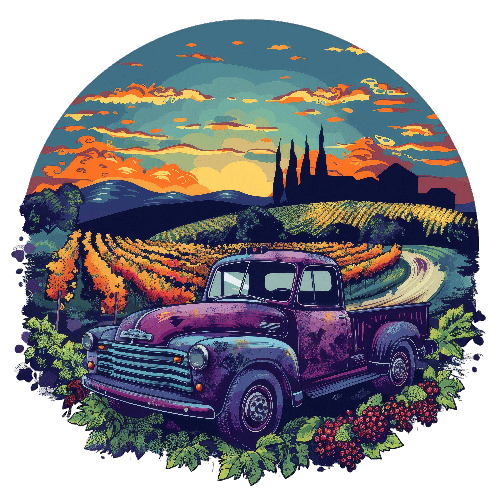 POD Design Purple Retro Truck in Vineyard at Sunset - Scenic Art Print