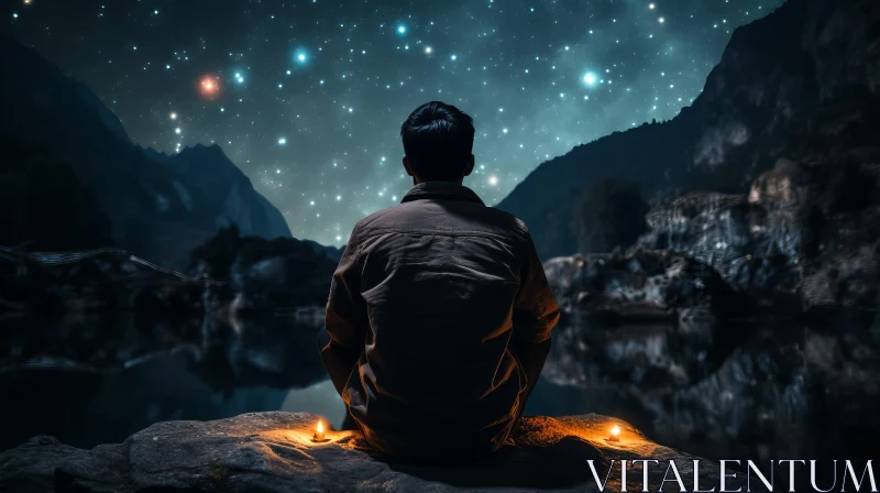 Tranquil Starry Sky: A Young Man's Reflections Under Zen Buddhism Influence AI Image