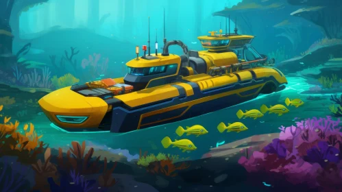 Yellow Submarine Gliding Through the Ocean - Cartoon Art