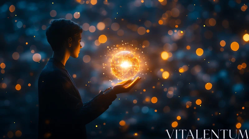 Person holding glowing orb in dark AI Image