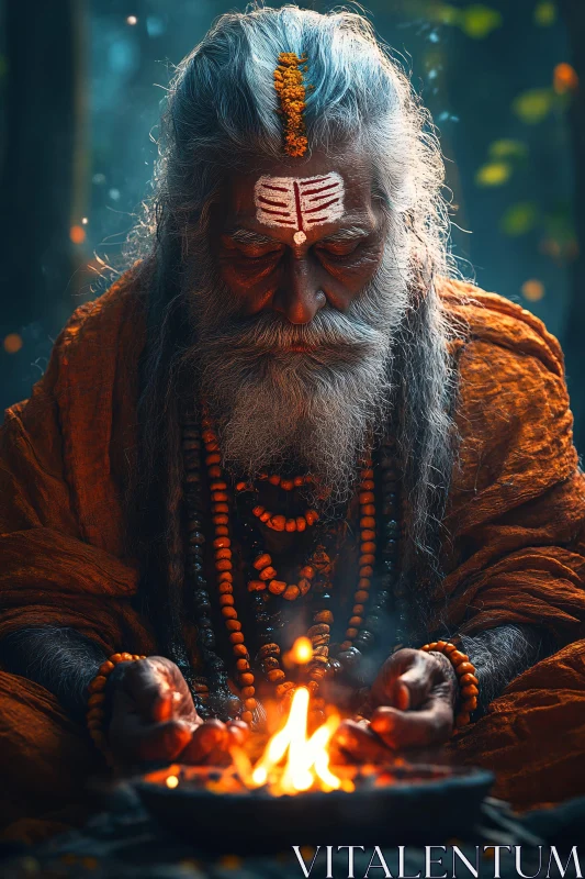 Old Man Meditating Near Fire AI Image