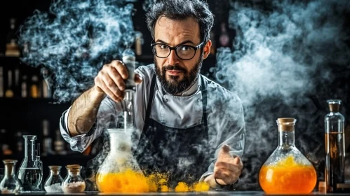 Man in lab mixing potion.