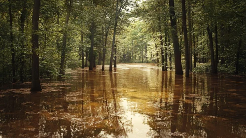 Serene Flooded Woodland with Sunlit Reflections