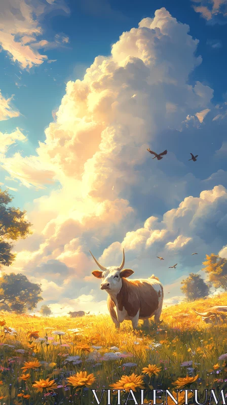 Golden Pasture with Cow and Cloud-Studded Sky AI Image