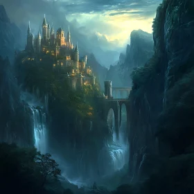 Cliffside Castle with Waterfalls and Bridge