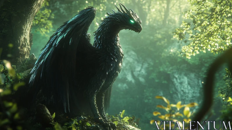 AI ART Dark Dragon Perched in Woodland Scene