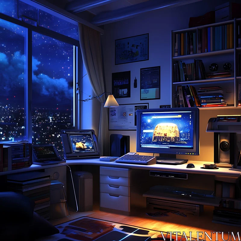 Inspirational Night Office with Starry Sky AI Image