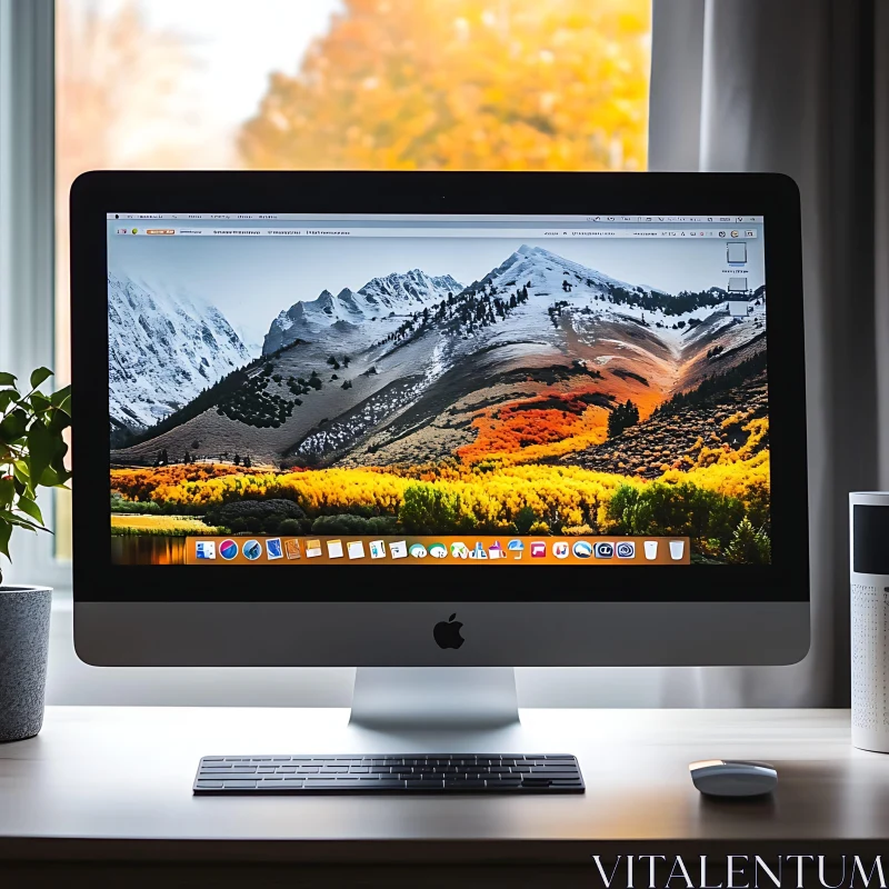 Beautiful iMac Workspace with Nature Display AI Image