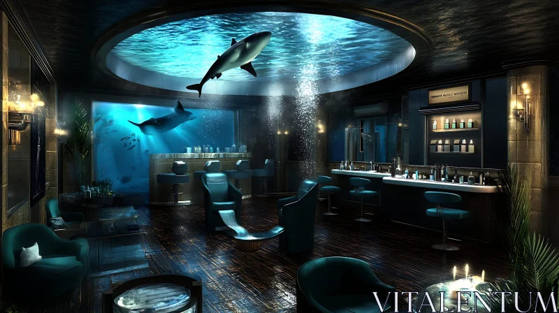 Sophisticated Underwater Lounge with Aquatic Life AI Image