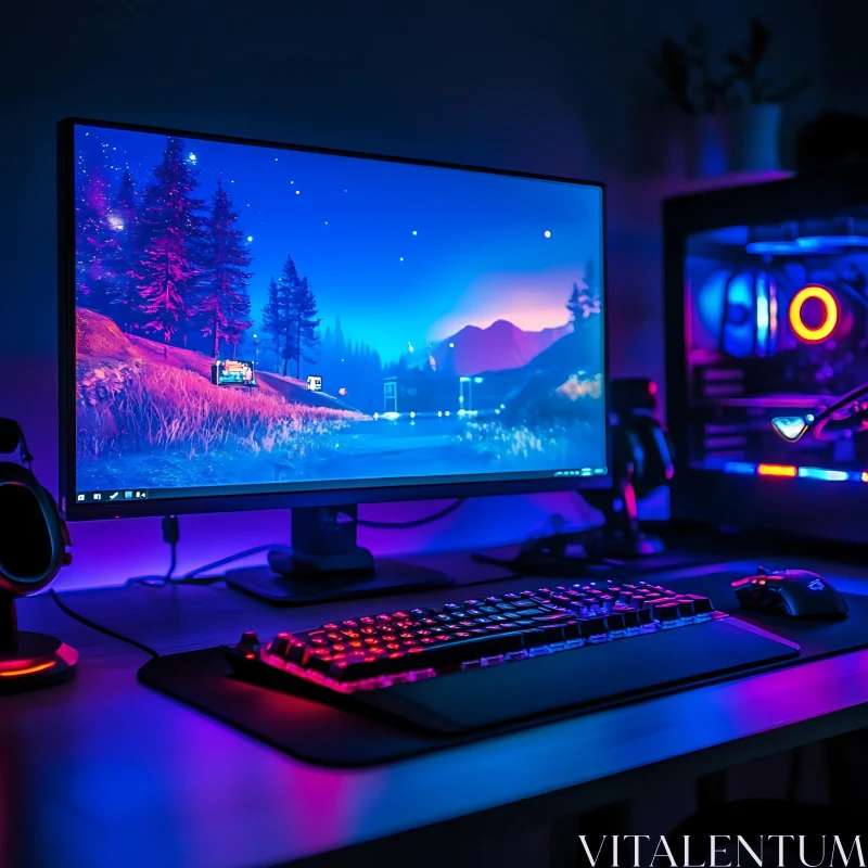 Gaming PC with LED-Lit Accessories AI Image