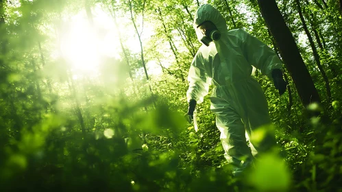 Person in Protective Suit in Forest