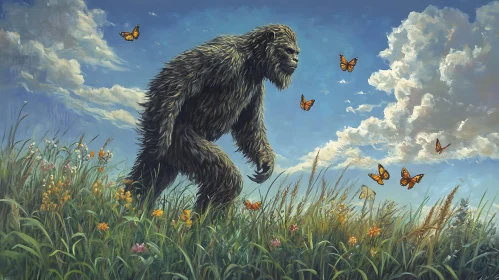 Sasquatch and Butterflies in a Field