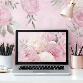 Chic Desk Setup with Floral Laptop Background