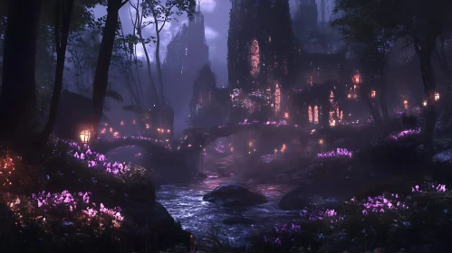 Mystical Forest Scene with River and Lights