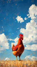 Rooster Painting with Blue Sky and Clouds