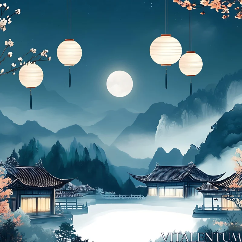 Moonlit Asian Architecture AI Image