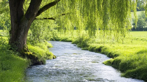 Peaceful Riverine Scene with Lush Greenery